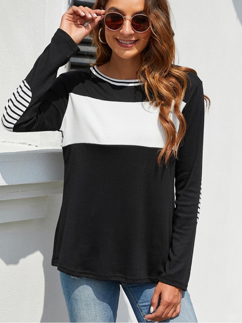 Black & White Colorblock Long-Sleeve Shirt Womens XL Striped Elbow Patches